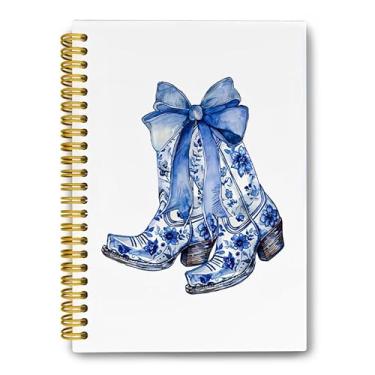 Imagem de LiTiu Caderno Coquette Preppy Campus, Botas Vaqueiras Ocidentais com Laço Azul, Caderno Espiral Estético Espiral para Meninas Adolescentes, Caderno Espiral de Capa Dura Preppy Funky, 80 Folhas 14 x 20