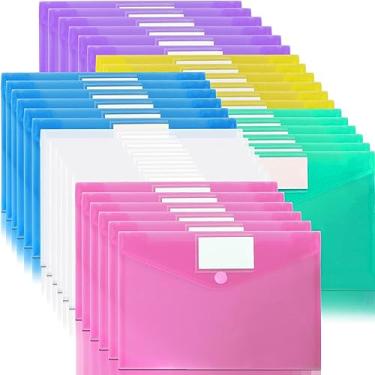 Imagem de OUTYLTS Pacote com 36 envelopes de plástico para arquivamento, pastas de documentos transparentes tamanho A4, envelopes de arquivo com bolso para etiqueta e botão de colar para escola, casa, trabalho, escritório, 6 cores sortidas