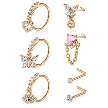 Imagem de Anicina 20 g 22 g Piercing de nariz de aço inoxidável cirúrgico argolas de nariz argolas em forma de parafuso de osso de narina piercing de nariz joia coração flor lua cobra borboleta parafuso de nariz hipoalergênico para mulheres homens, Metal, Metal