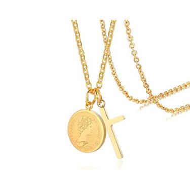 Imagem de Colar com pingente de cruz pequena da MOMOL, colar de cruz de aço inoxidável banhado a ouro 18 quilates, colar de corrente cristã religiosa cristã com pingente de cruz pequena e delicada
