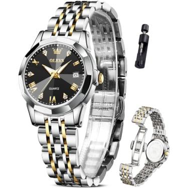 Imagem de OLEVS Relógios de pulso femininos, relógio de pulso pequeno de aço inoxidável para mulheres, relógio feminino analógico de quartzo moderno, 9931 - ouro preto, Round, Relógio de quartzo