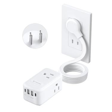 Imagem de TROND Filtro De Linha De 2 Pinos, Adaptador De Tomada De Dois Pinos, Usb C De 20 W, Cabo De Extensão De Plugue Ultra Plano De 10 Pés, 1250 W, 3 Tomadas, Montagem Na Parede, Design De 3 Lados, Ideal