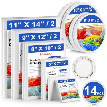 Imagem de Hdviai Tela Esticada - 4X4, 5X7, 8X10, 9X12, 11X14 E Tela Redonda 8X8, 10X10 (2 De Cada) Total De 14 Pacotes De Tela - Telas Em Branco 100% Algodão Para Óleos, Acrílicos E Vazamento