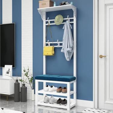 Imagem de Cabide de árvore 4 em 1 independente com prateleiras de armazenamento de 2 camadas e 8 ganchos duplos para entrada com banco e armazenamento de sapatos, para roupas, chapéu, bolsa guarda-chuva