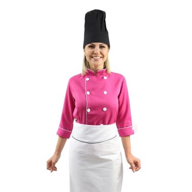 Imagem de Kit Chef Cozinha Feminino Dolmã + Avental + Chapéu