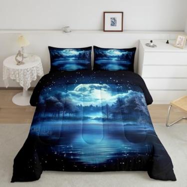 Imagem de jejeloiu Conjunto de edredom King com estampa de lua e árvore e lago, cenário natural, para meninos, meninas, adolescentes, céu noturno estrelado, respirável, natureza, conjunto de edredom para