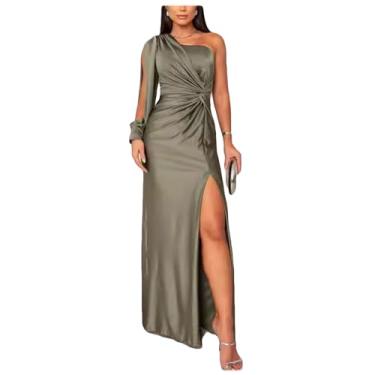 Imagem de Letuwj Vestido longo feminino de um ombro só, gola oblíqua, manga cavada, plissado, Verde-oliva, P