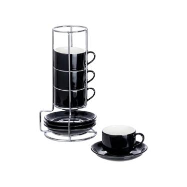 Imagem de CHILDIKE Copos de cappuccino de porcelana de 70,9 g com pires e suporte de prata, conjunto de 4 xícaras pretas