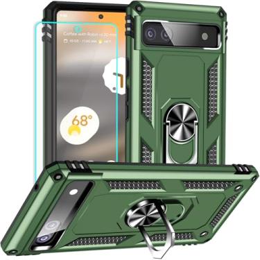 Imagem de Yiakeng Capa para Google Pixel 6A: com protetor de tela - Capas protetoras de nível militar com suporte de anel de dedo para capa Pixel 6A (verde militar)