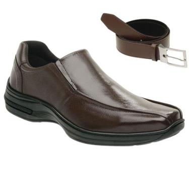 Imagem de Sapato Social em Couro Legítimo Ortopédico Masculinos + Cinto Casual -