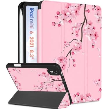 Imagem de Wazzasoft Capa para iPad Mini 6, capas para iPad Mini 6ª geração mulheres meninas linda capa fólio feminina flor bonita suporte de lápis exclusivo hibernar/despertar automático para Apple iPad 6 Mini capa 2021 8,3 polegadas