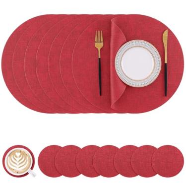 Imagem de Homaxy Jogo americano e porta-copos redondos de couro sintético, tapetes de mesa laváveis de dois lados, tapetes de jantar resistentes ao calor limpáveis para ambientes externos e internos, conjunto
