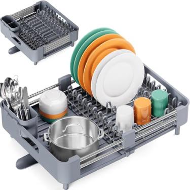 Imagem de Escorredor de pratos para balcão de cozinha, escorredor de pratos extensível com drenagem, escorredor de pratos expansível, coador de pratos dobrável com suporte de talheres, rack de armazenamento de