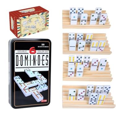 Imagem de GOTHINK Dominoes Set for Adults with 4 Wooden Trays/Racks, Double 6 Dominoes Set Travel Set with 4 Tiles Holders, 28 Tile Colored Dot Dominos in Tin Box Classic Family Board Games for 2-4 Players