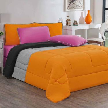 Imagem de Kit Edredom Malha 100% Algodão Urbano 3 Peças Queen - Laranja-mescla-preto