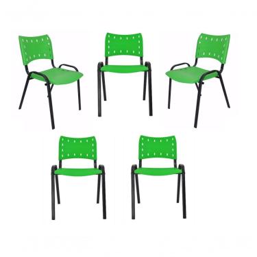 Imagem de Kit 5 Cadeiras Iso Para Escola Escritório Comércio Verde Base Preta