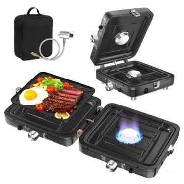Imagem de BUGPASS Fogão De Acampamento Dobrável Portátil - 2 Bocas A Gás Propano Com Ignição Instantânea Por Botão, Bolsa Transporte Ajustável E Alça Para Churrasco Ao Ar Livre, Itens Essenciais No Quintal, P