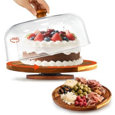 Imagem de Suporte giratório para bolo de madeira com tampa de cúpula de acrílico, prato redondo de suporte de bolo de madeira com capa, conjunto de exibição de mesa de sobremesa 2 em 1 para festa, tábua de