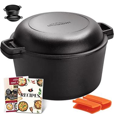 Imagem de Caçarola de ferro fundido Overmont Dutch Oven 5 QT + tampa de frigideira 1,6 QT pré-temperada com capas de alça e suporte para acampamento caseiro churrasco