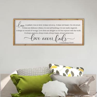 Imagem de comurdyo Love is Patient Kind Sign 1 Corinthians 13:4-8 Versos bíblicos de arte de parede 81 x 30 cm Love Never Fails Decoração de parede para quarto principal acima da cama (madeira)