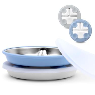 Imagem de Bakpoco Placa de sucção infantil de aço inoxidável com tampa, pratos divididos de 23 cm com mangas de silicone removíveis para crianças, não tóxico e livre de BPA | Conjunto de 2 pratos de lanche