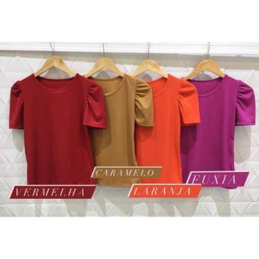 Imagem de blusa feminina manga curta bufante gola rasa malha canelada moda - Fil