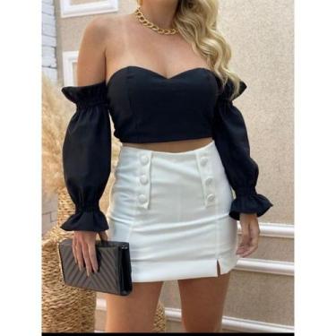 Imagem de Short saia feminino alfaiataria botões frontal - Filó Modas, P, Preto