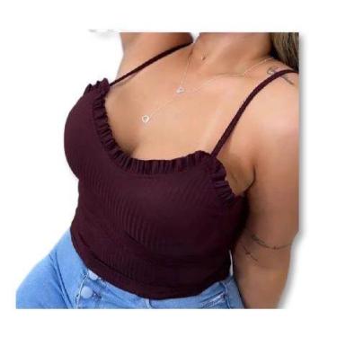 Imagem de Blusa feminina canelada com bojo alça fina decote babado moda fashion 