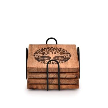 Imagem de Mahasu Conjunto de porta-copos de ferro e acácia de madeira para copos e canecas, decoração de quarto, presentes de inauguração de casa (conjunto de 4)