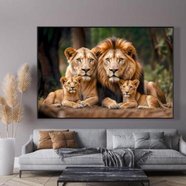 Imagem de Quadro Decorativo Retrato Leão e Sua Família com dois filhotes - MeMol