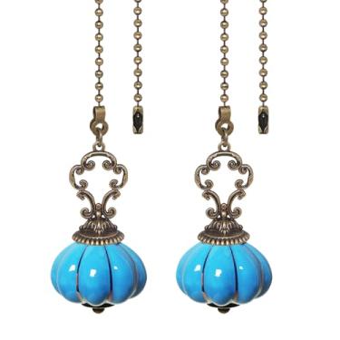 Imagem de LONGSHENG - SINCE 2001 - 2 peças de enfeite de corrente de puxar ventilador de teto azul claro cerâmica abóbora extensor de puxar, puxador de ventilador de 38 cm com conector