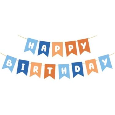 Imagem de Faixa de feliz aniversário, decorações de bunting azul e laranja, decorações de festa de aniversário para mulheres, meninas, meninos, adultos