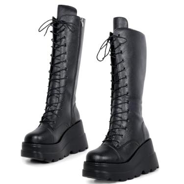 Imagem de Gothniero Botas góticas femininas pretas plataforma cano médio com salto até o joelho botas de inverno salto grosso punk rave botas meninas com cadarço botas de combate tamanho 35-11, Preto 3, 40