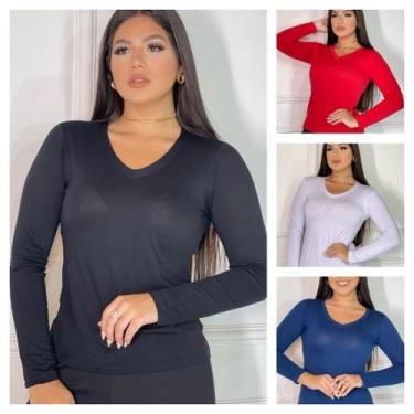 Imagem de Kit 4 Blusas de frio Feminina Gola V Manga Longa Segunda Pele - GK, Pr