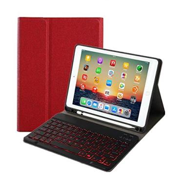 Imagem de KMXDD Capa de teclado compatível com iPad de 10,2 polegadas, 7ª geração 2019, 10,2 polegadas, 7 cores, retroiluminada, capa de teclado removível com teclado redondo (vinho tinto + teclado preto)