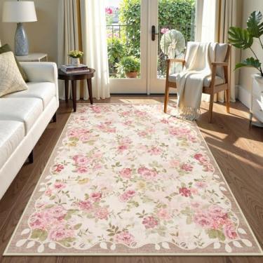 Imagem de Lahome Tapete floral lavável 7,5 x 12,5 cm, tapetes pequenos para quarto, macio, antiderrapante, tapete de entrada para ambientes internos para berçário, sala de jogos, bege/rosa/multi