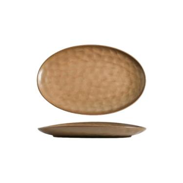 Imagem de Prato de sashimi oval de cerâmica estilo japonês, prato de churrasco oval doméstico - marrom escuro de 35,56 cm