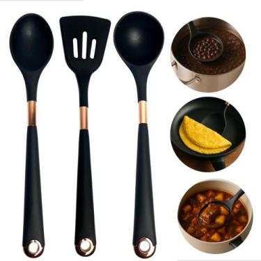 Imagem de Kit 3 Utensílios De Cozinha Em Silicone Preto Com Detalhe Rose Gold Re
