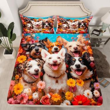 Imagem de Feelyou Jogo de lençol Queen fofo com estampa floral de dachshund para meninos, meninas, adolescentes, cachorros, cachorros, kawaii, respirável, para decoração de quarto