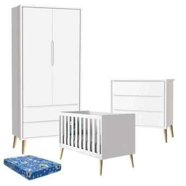 Imagem de Quarto De Bebê Theo 2 Portas Com Colchão E Cômoda Gaveteiro Branco Acetinado Pés Madeira Natural - Reller
