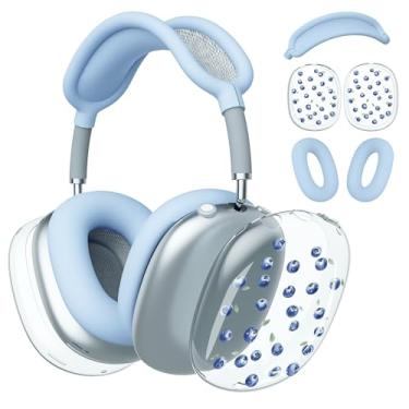 Imagem de BlHMCASE Capa de fone de ouvido para AirPods Max, lindas capas transparentes de mirtilo, capa de silicone azul para fones de ouvido para Apple AirPods Max