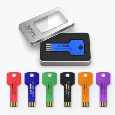 Imagem de Pen drive USB personalizado, pacote com 100 unidades de pen drive em formato de chave personalizada USB 2.0, ideal para presentes corporativos, eventos de negócios e brindes promocionais (128 GB, com