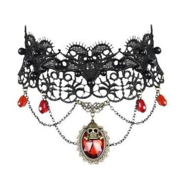 Imagem de Niaspi Colar gargantilha gótico de renda preta para mulheres, vintage, crânio de Halloween com pingente de cristal vermelho, colar de colar para festa de formatura, bijuteria de fantasia