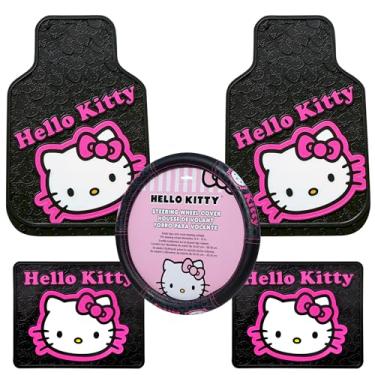 Imagem de Plasticolor 008890ZA1 Hello Kitty Colagem Hot Pink Sanrio Tapetes dianteiros e traseiros e conjunto de capa de volante para carro caminhão SUV - 5 peças
