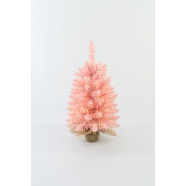 Imagem de Mini árvore de Natal artificial pré-iluminada, decoração de árvore de Natal pequena rosa flocada artificial, inclui 50 luzes amarelas quentes de LED e bolsa de pano, decoração de mesa perene para casa