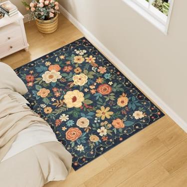 Imagem de DUKINO Tapete de área de 3 x 4, tapete floral leve e antiderrapante, lavável, tapetes internos com design boho para quarto, cozinha, sala de jantar, azul marinho