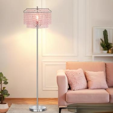 Imagem de Luvkczc Luminária de chão de cristal rosa, lâmpadas de pé de 162 cm de altura com abajur de camada dupla, lâmpadas de chão com interruptor de pé liga/desliga, luminária de chão elegante para sala de