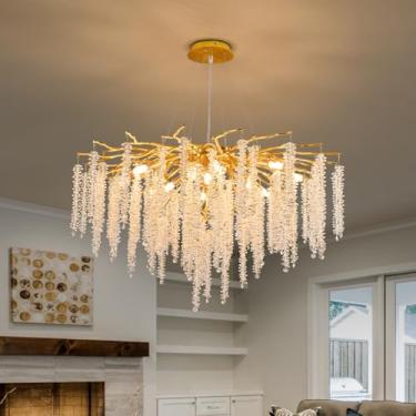 Imagem de Byusmy Lustres de galhos de árvore dourado luxuoso redondo gota de chuva cristal pendente luz 8 luzes de teto para sala de jantar quarto sala de estar entrada 60 cm