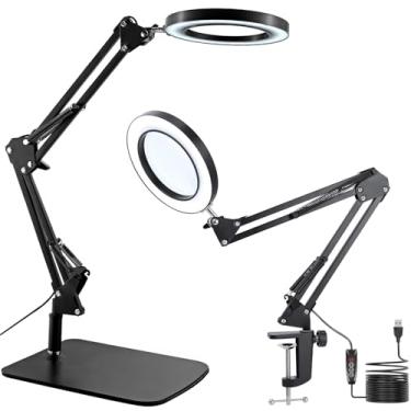 Imagem de Lupa de 15 x com luz, luminária de mesa com suporte e braçadeira, lâmpada de mesa LED 2 em 1 com lupa, 3 modos de cor, 72 LEDs, lente de vidro real para trabalhos próximos, artesanato, passatempo