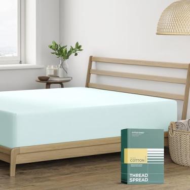 Imagem de THREAD SPREAD Lençol casal de tecido percal 100% algodão orgânico, espuma do mar, 1 lençol com elástico profundo, cabe em colchões de até 40,6 cm, lençóis de luxo com certificação GOTS